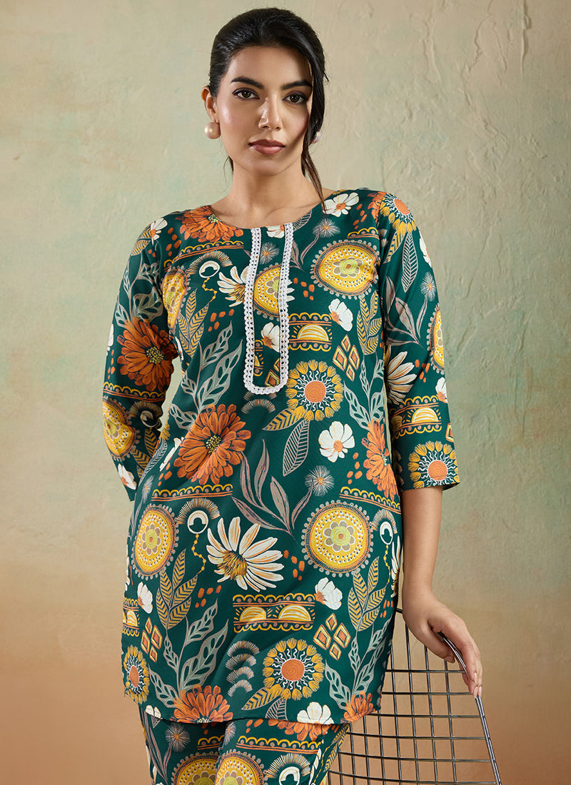 Prazu Fashion Green Printed Cotton Reyon Festival Wear Co-Ord Set | Grocsy