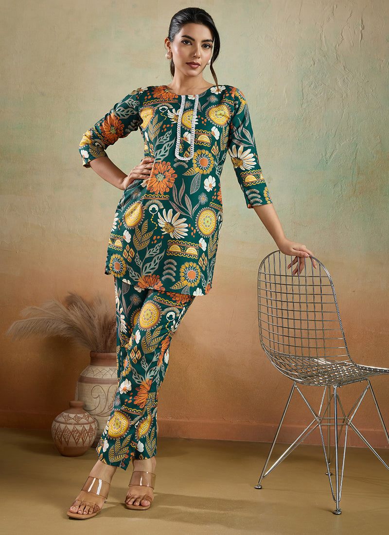 Prazu Fashion Green Printed Cotton Reyon Festival Wear Co-Ord Set | Grocsy