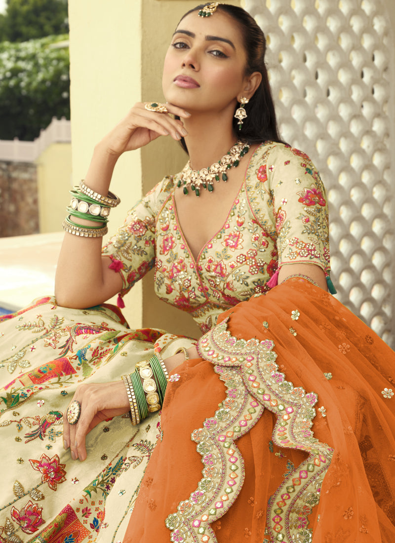 Vegaa Fashion Off White Silk Embroidered & Art Mirror Work Wedding Wear Lehenga Choli | Grocsy