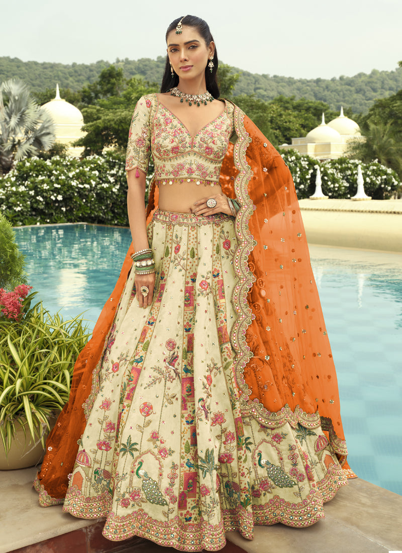 Vegaa Fashion Off White Silk Embroidered & Art Mirror Work Wedding Wear Lehenga Choli | Grocsy