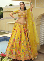 Vegaa Fashion Yellow Silk Embroidered & Art Mirror Work Wedding Wear Lehenga Choli | Grocsy