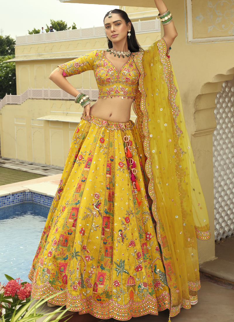Vegaa Fashion Yellow Silk Embroidered & Art Mirror Work Wedding Wear Lehenga Choli | Grocsy