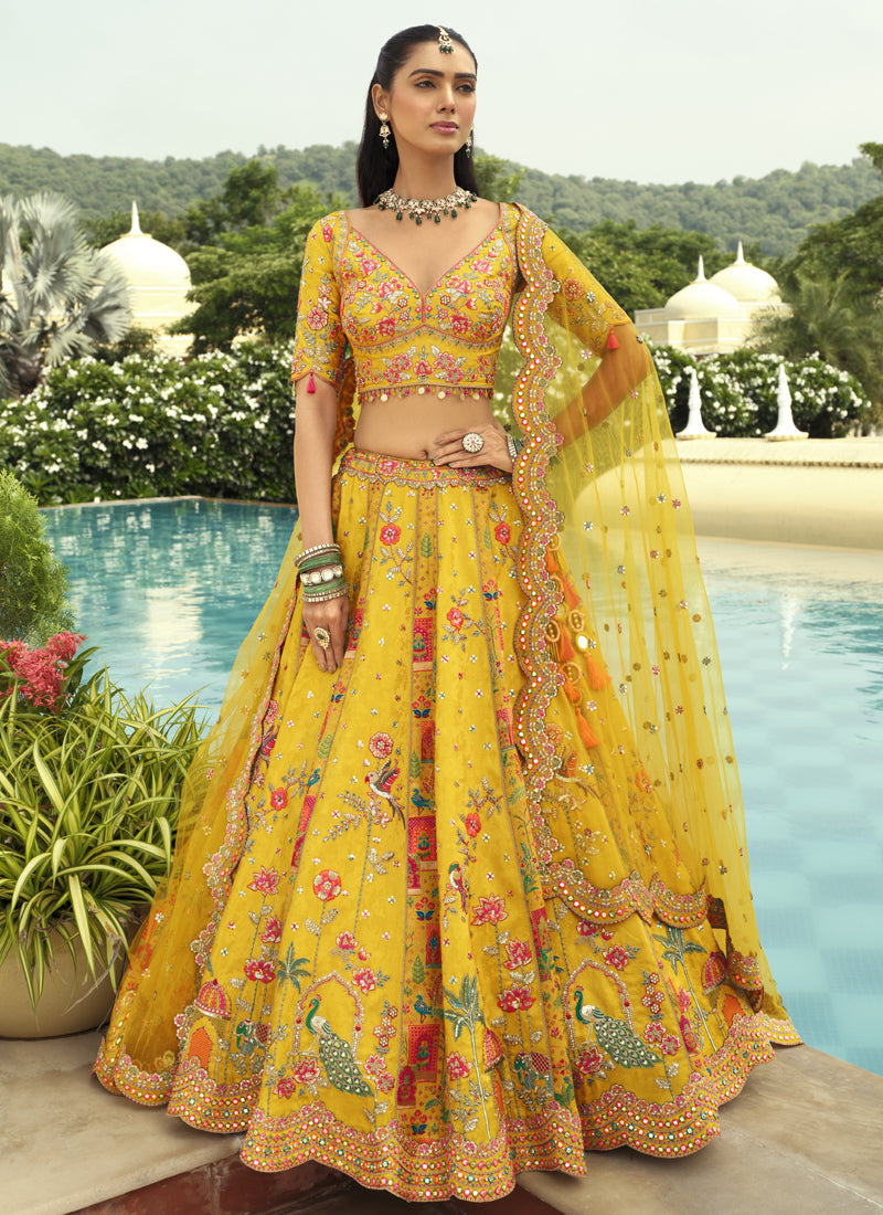 Vegaa Fashion Yellow Silk Embroidered & Art Mirror Work Wedding Wear Lehenga Choli | Grocsy