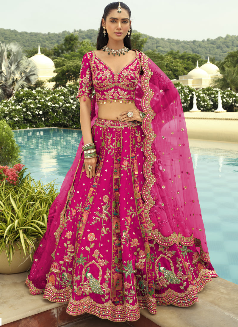 Vegaa Fashion Rani Pink Silk Embroidered & Art Mirror Work Wedding Wear Lehenga Choli | Grocsy