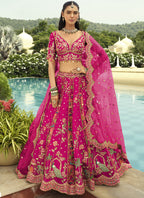 Vegaa Fashion Rani Pink Silk Embroidered & Art Mirror Work Wedding Wear Lehenga Choli | Grocsy