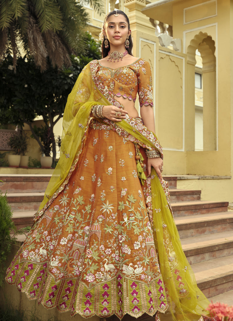 Vegaa Fashion Mustard Silk Embroidered & Art Mirror Work Wedding Wear Lehenga Choli | Grocsy