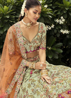 Vegaa Fashion Sea Green Silk Embroidered & Art Mirror Work Wedding Wear Lehenga Choli | Grocsy