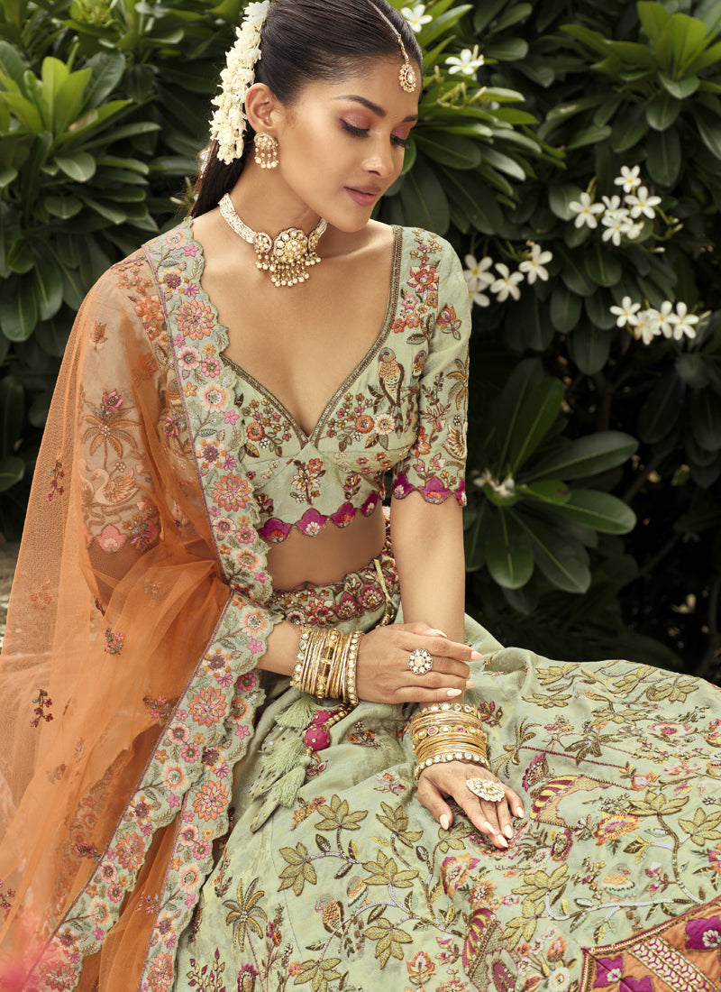 Vegaa Fashion Sea Green Silk Embroidered & Art Mirror Work Wedding Wear Lehenga Choli | Grocsy