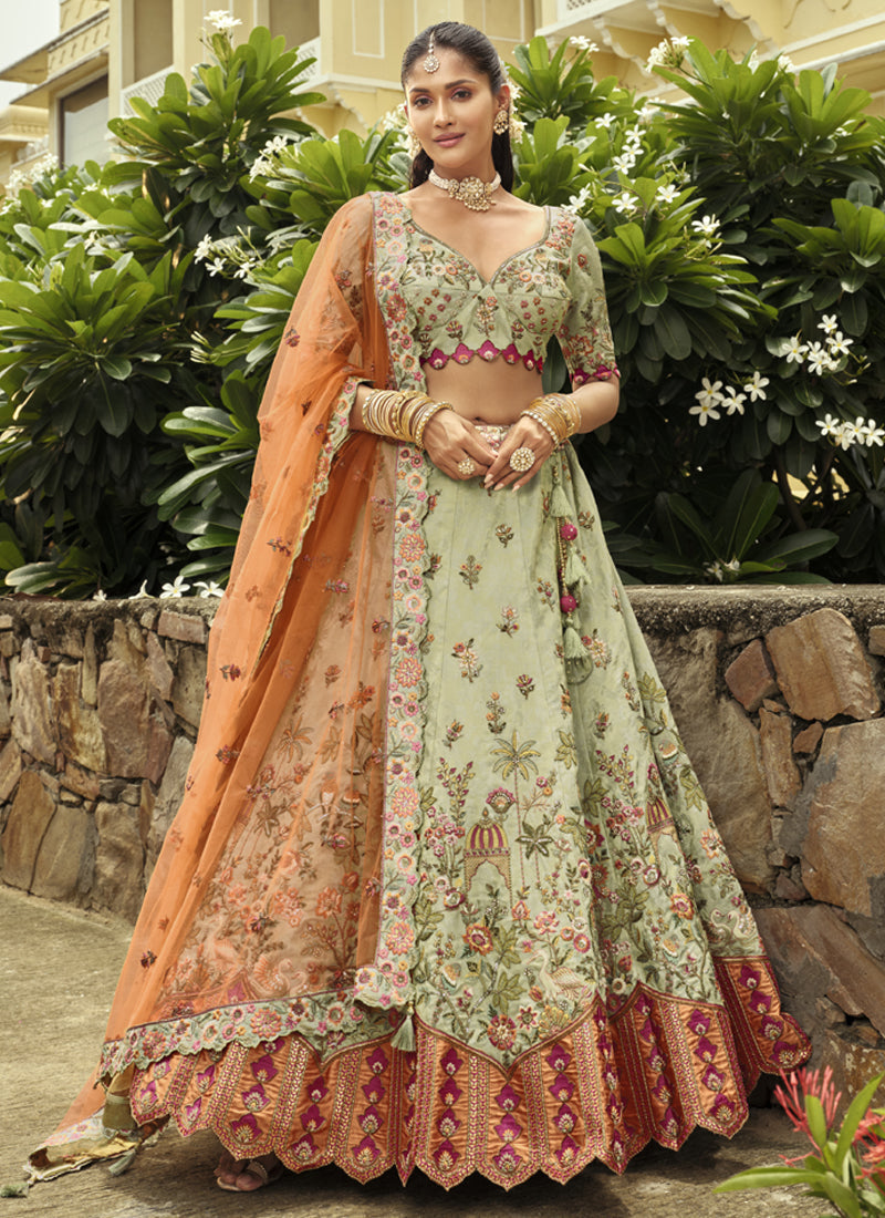 Vegaa Fashion Sea Green Silk Embroidered & Art Mirror Work Wedding Wear Lehenga Choli | Grocsy