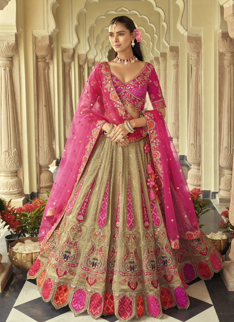 Vegaa Fashion Beige Silk Embroidered & Art Mirror Work Wedding Wear Lehenga Choli | Grocsy