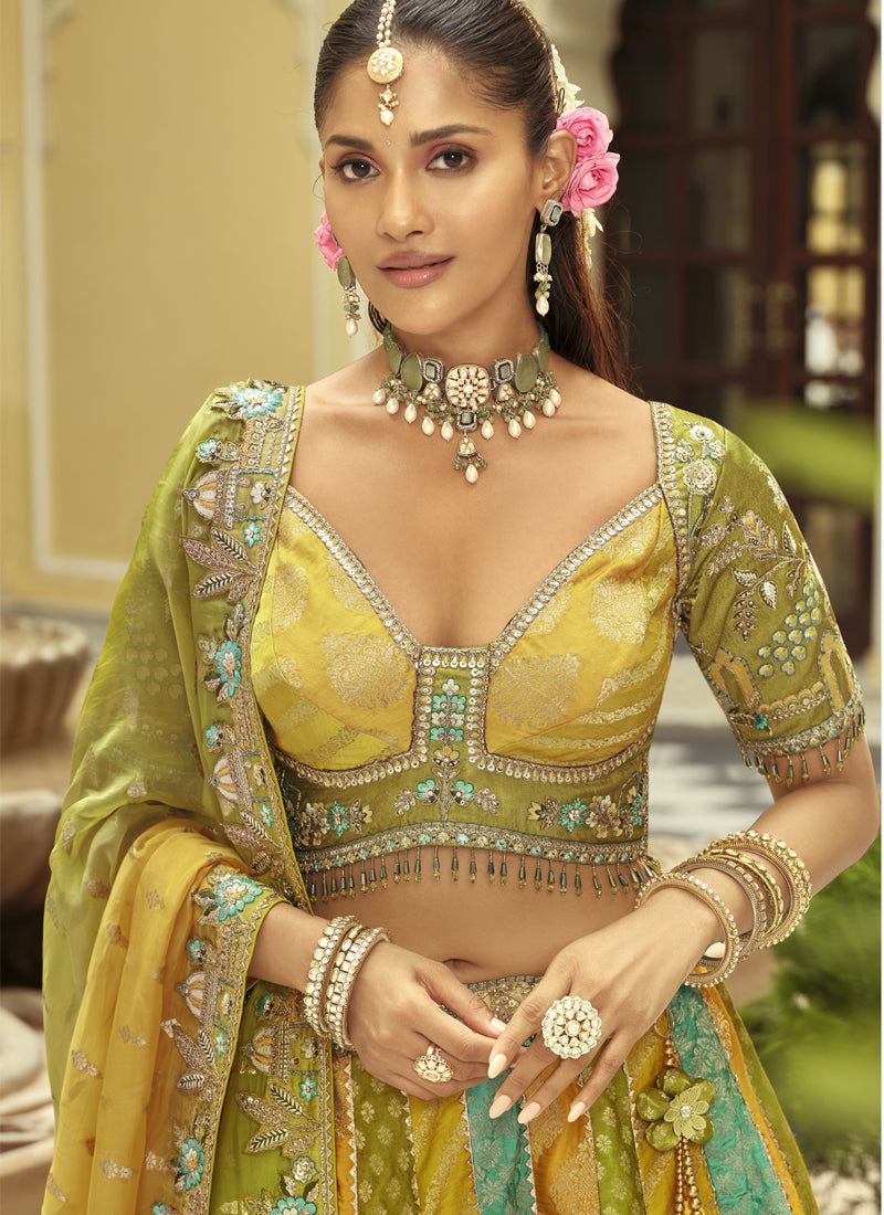 Vegaa Fashion Yellow Silk Embroidered & Art Mirror Work Wedding Wear Lehenga Choli | Grocsy