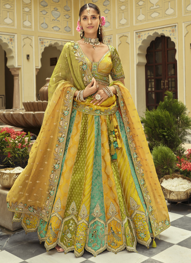 Vegaa Fashion Yellow Silk Embroidered & Art Mirror Work Wedding Wear Lehenga Choli | Grocsy