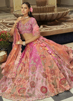Vegaa Fashion Peach Silk Embroidered & Art Mirror Work Wedding Wear Lehenga Choli | Grocsy
