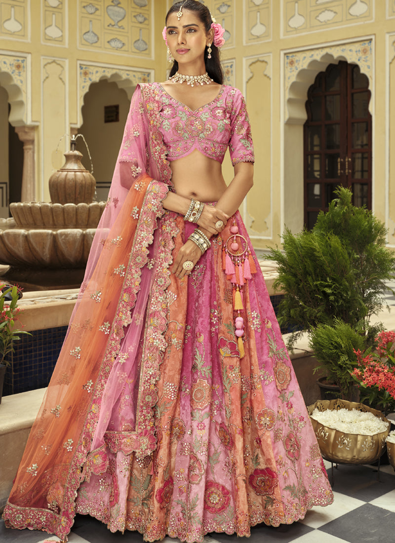 Vegaa Fashion Peach Silk Embroidered & Art Mirror Work Wedding Wear Lehenga Choli | Grocsy
