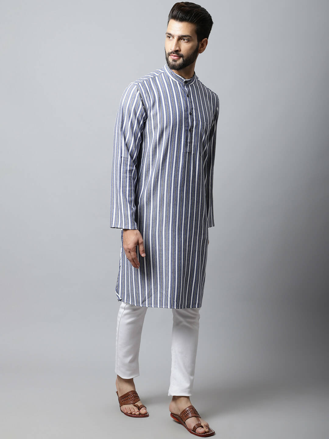 Even Apparels Blue Color Pure Cotton Men's Kurta With Band Collar (STR1168) | Grocsy