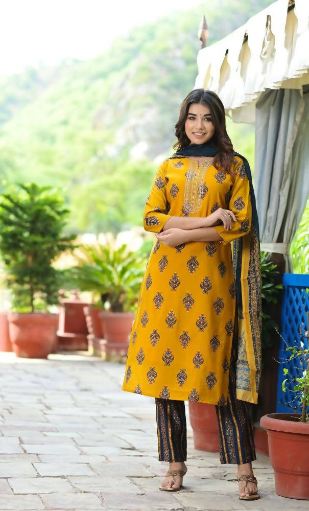 Yufta Women Mustard Yellow & Navy Blue Printed Kurta with Trouser and Dupatta | Grocsy