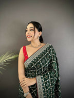 Joban Fashion Dark Green Bandhej Bandhani Vichitra Silk Bandhani Prints Saree | Grocsy