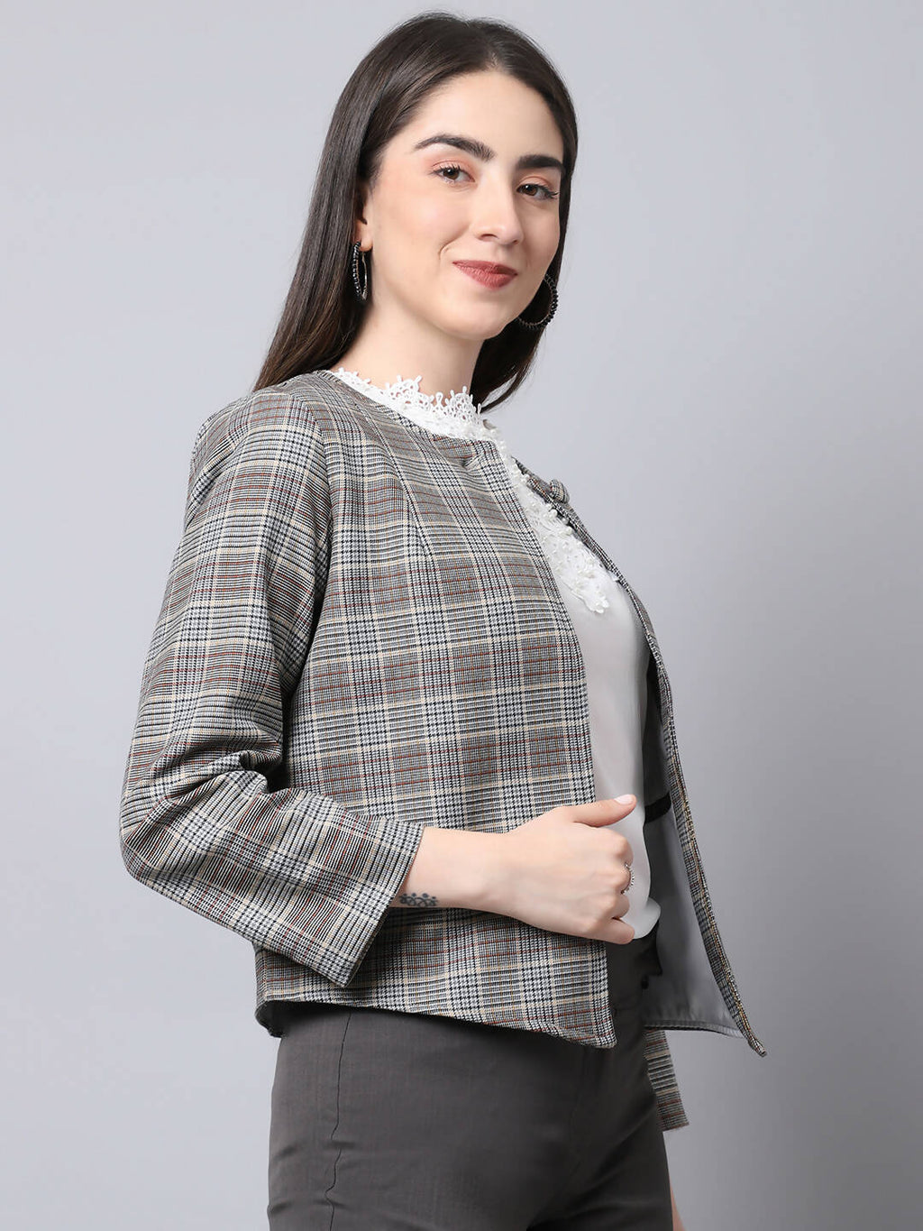 Even Apparels Brown Polywool Open Front Statement Women's Jacket | Grocsy