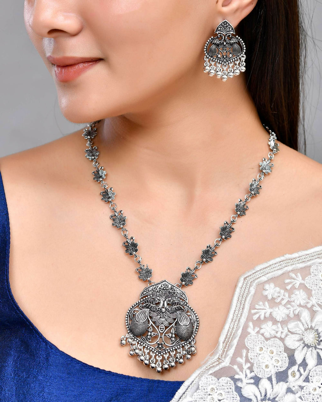 VOJ Silver Plated Oxidized Long Necklace with Earring Set | Grocsy