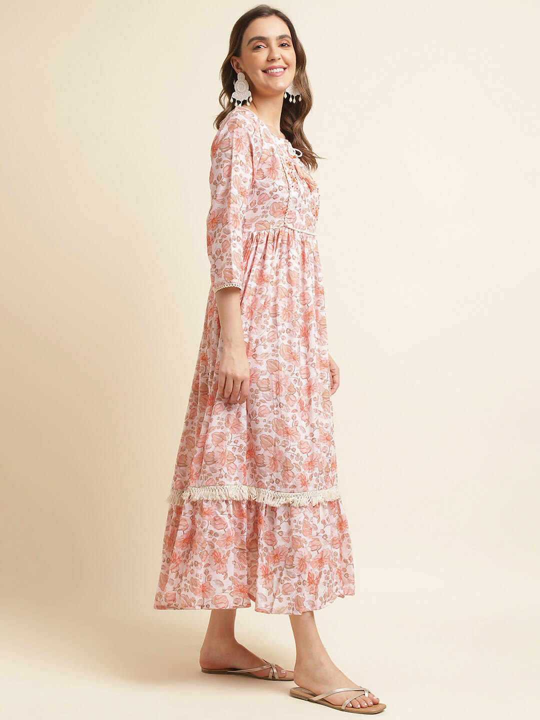 Orange Linen Floral Printed Fit & Flare Dress - Yukti | Grocsy