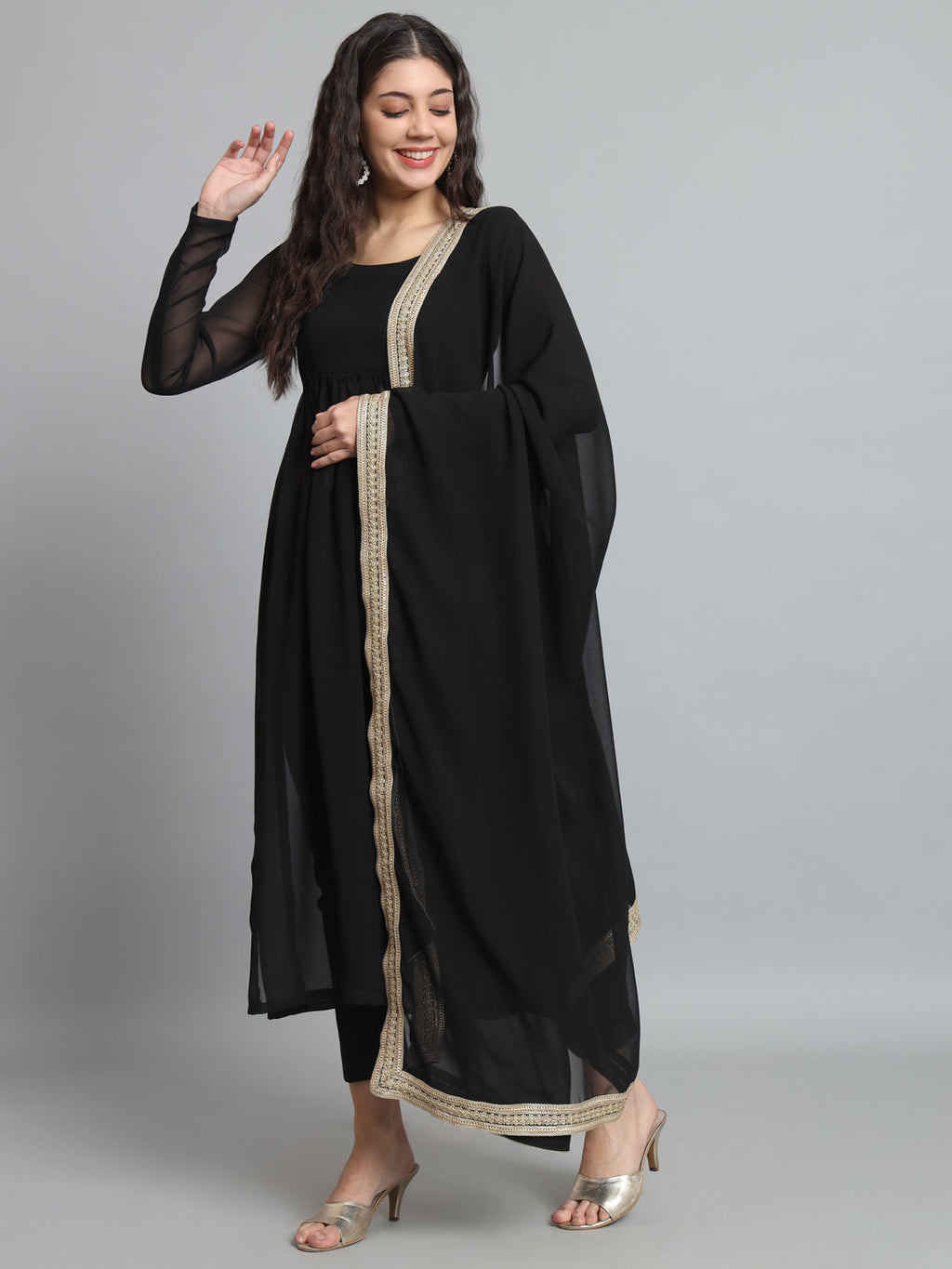 Fab Fashion Black Georgette Side Slit Set | Grocsy