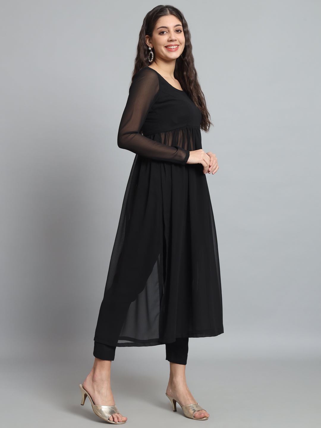 Fab Fashion Black Georgette Side Slit Set | Grocsy