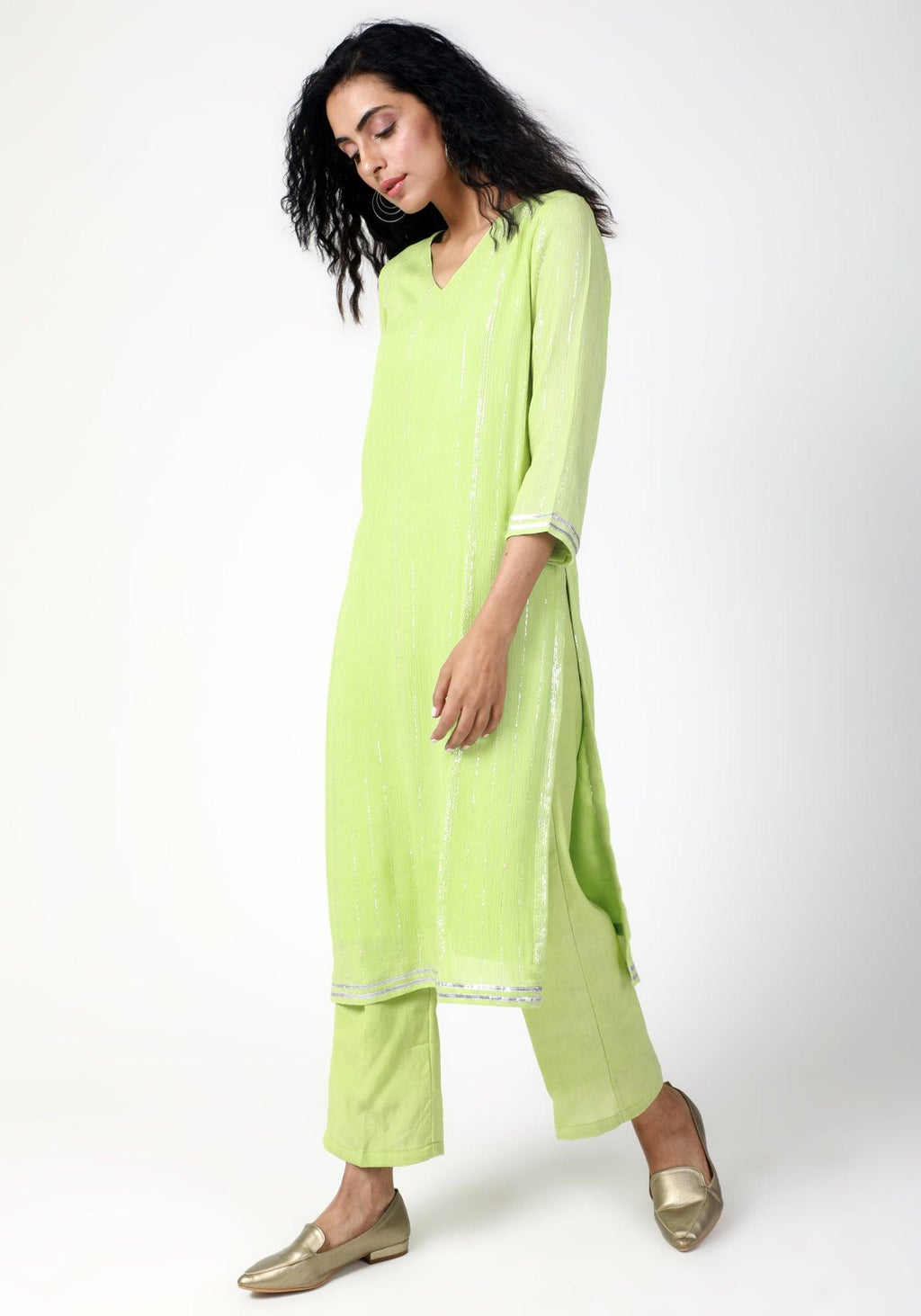 trueBrowns Green Gota Slit Kurta-Pant | Grocsy