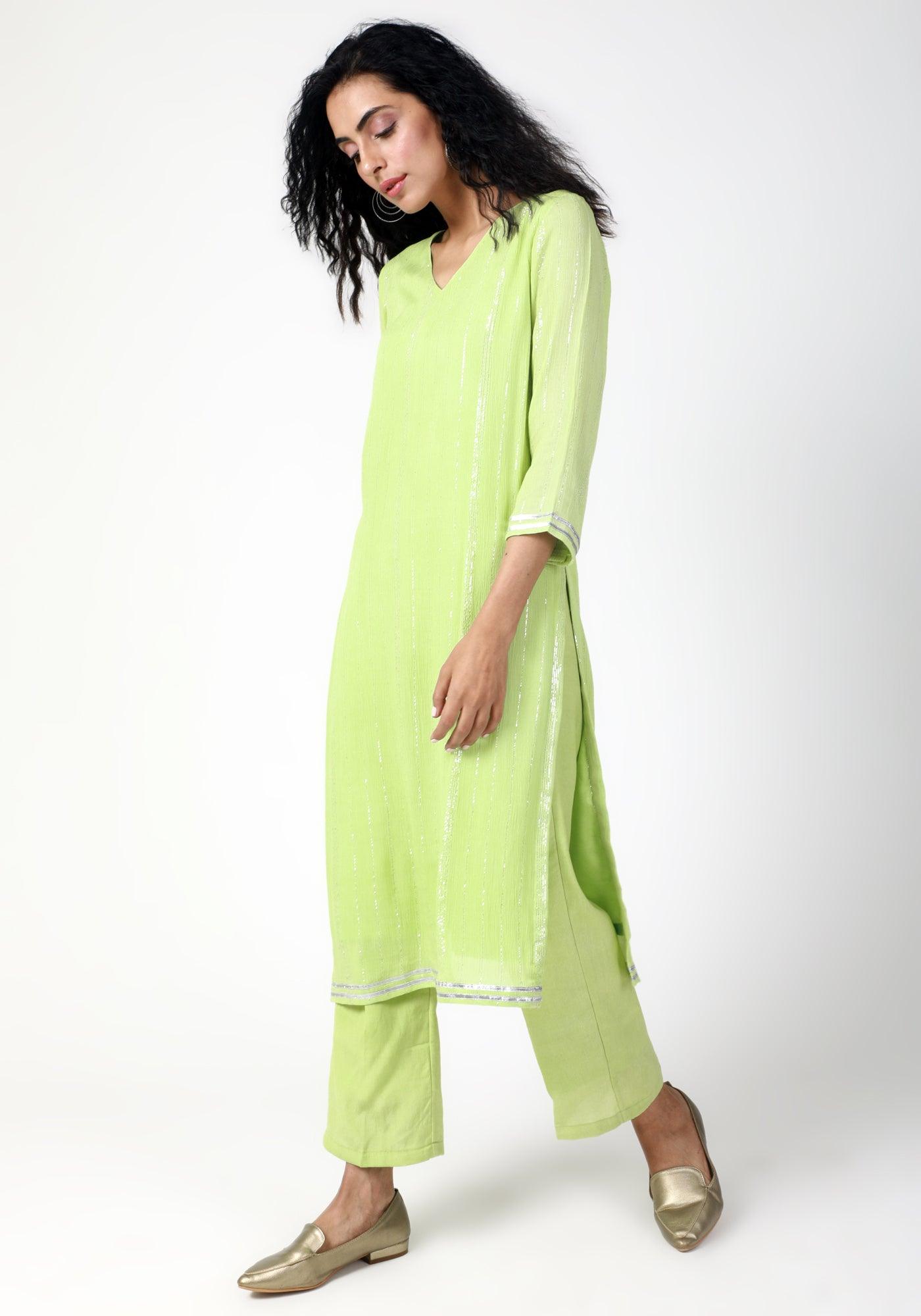 trueBrowns Green Gota Slit Kurta-Pant | Grocsy