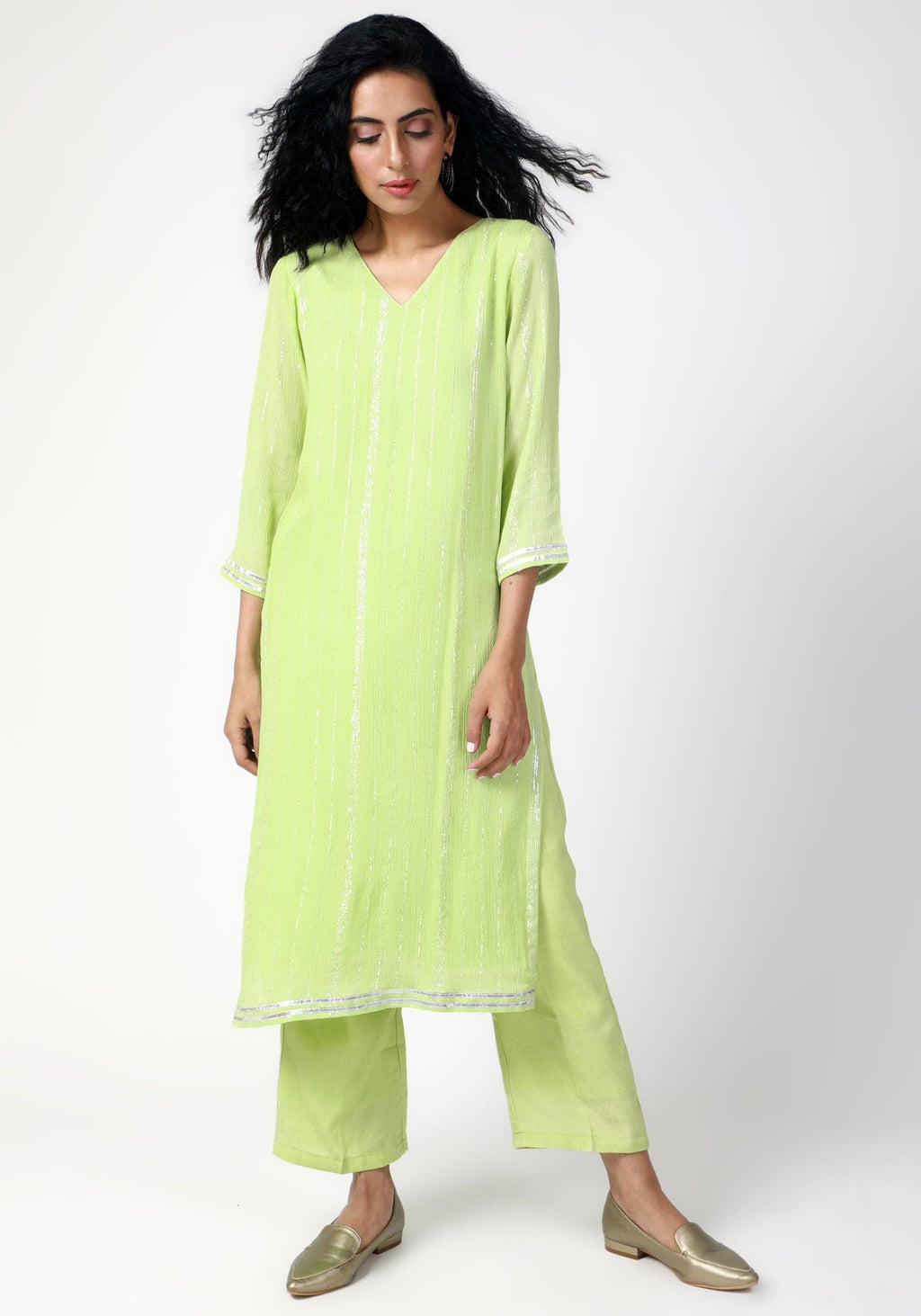 trueBrowns Green Gota Slit Kurta-Pant | Grocsy