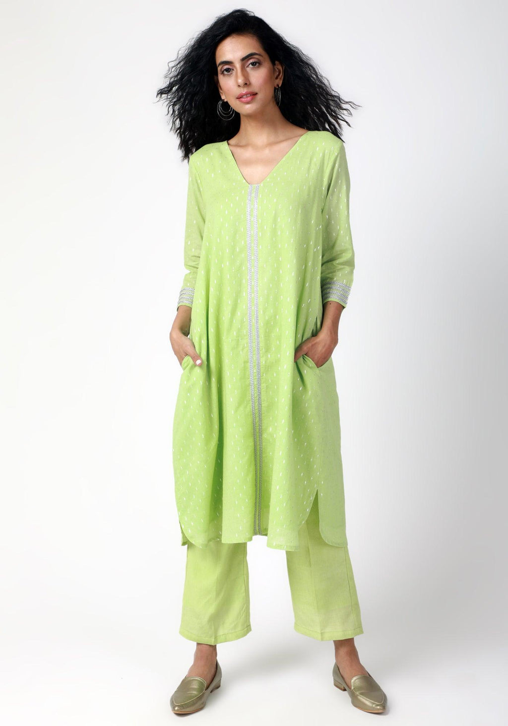 trueBrowns Green Silver Laced Kurta-Pant | Grocsy