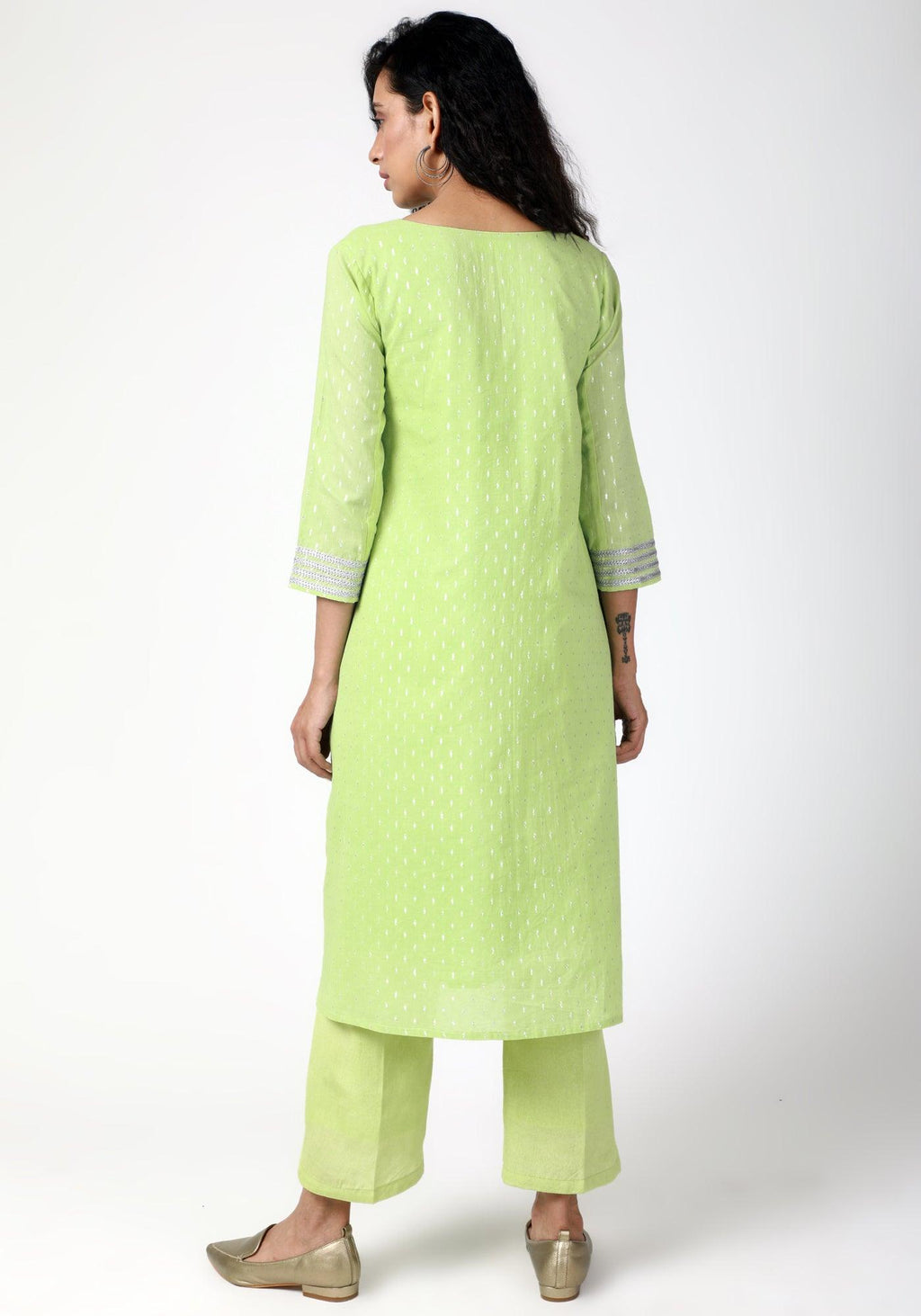 trueBrowns Green Silver Laced Kurta-Pant | Grocsy