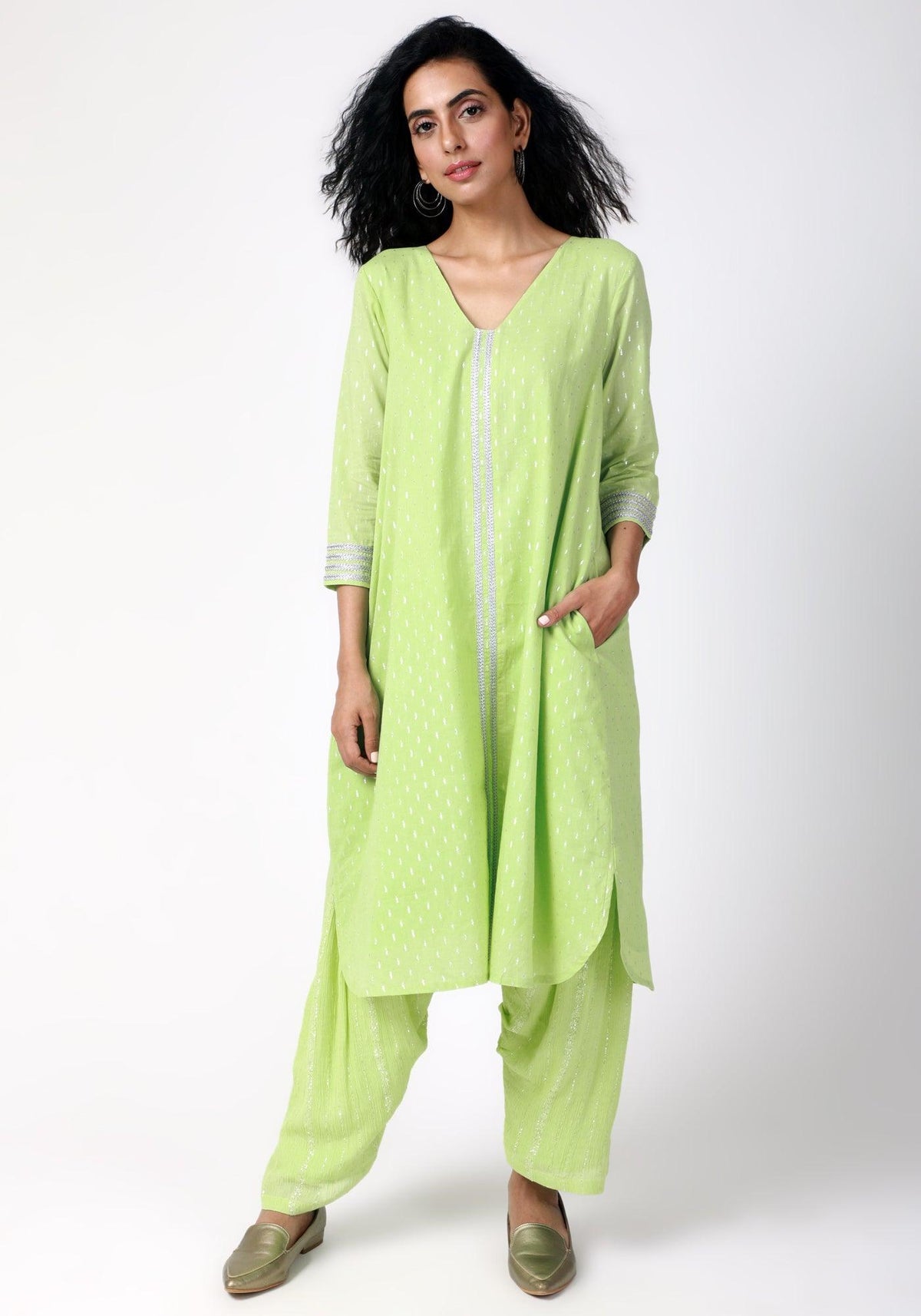 trueBrowns Green Silver Laced Kurta- Ruffled Pant | Grocsy