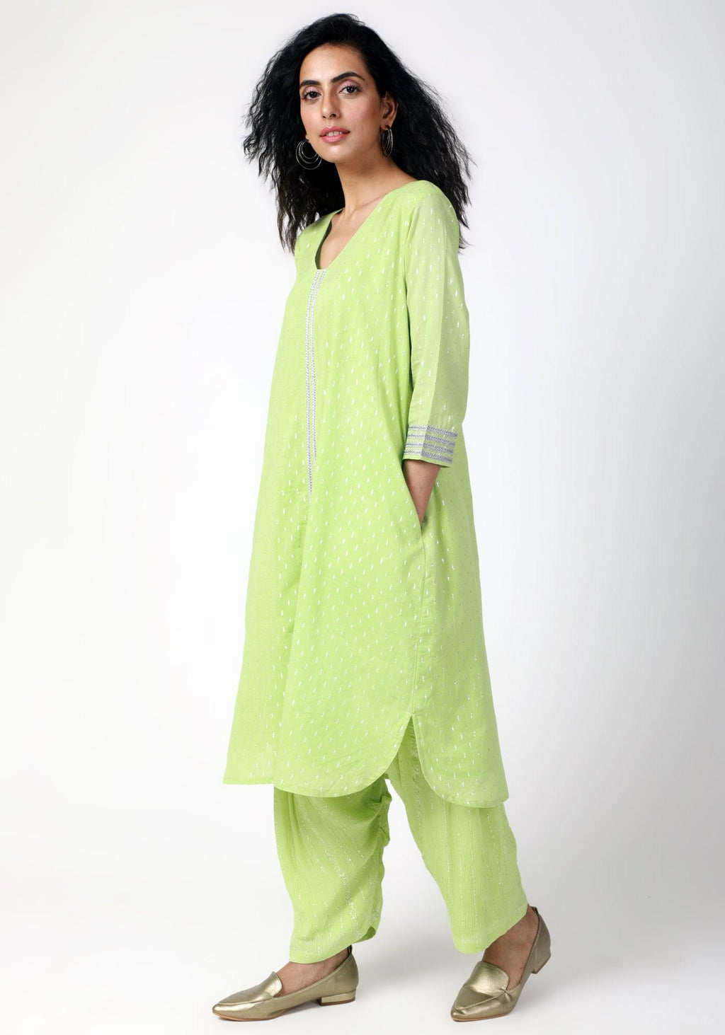 trueBrowns Green Silver Laced Kurta- Ruffled Pant | Grocsy