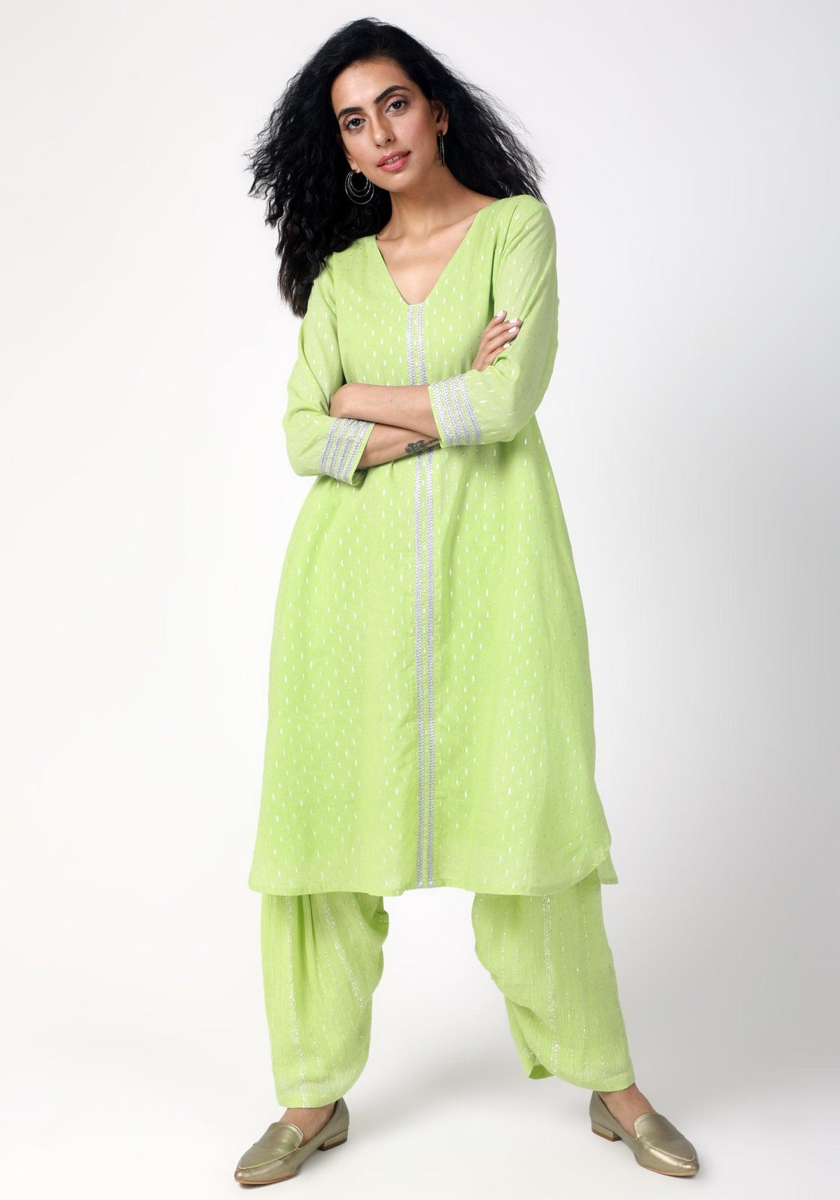 trueBrowns Green Silver Laced Kurta- Ruffled Pant | Grocsy