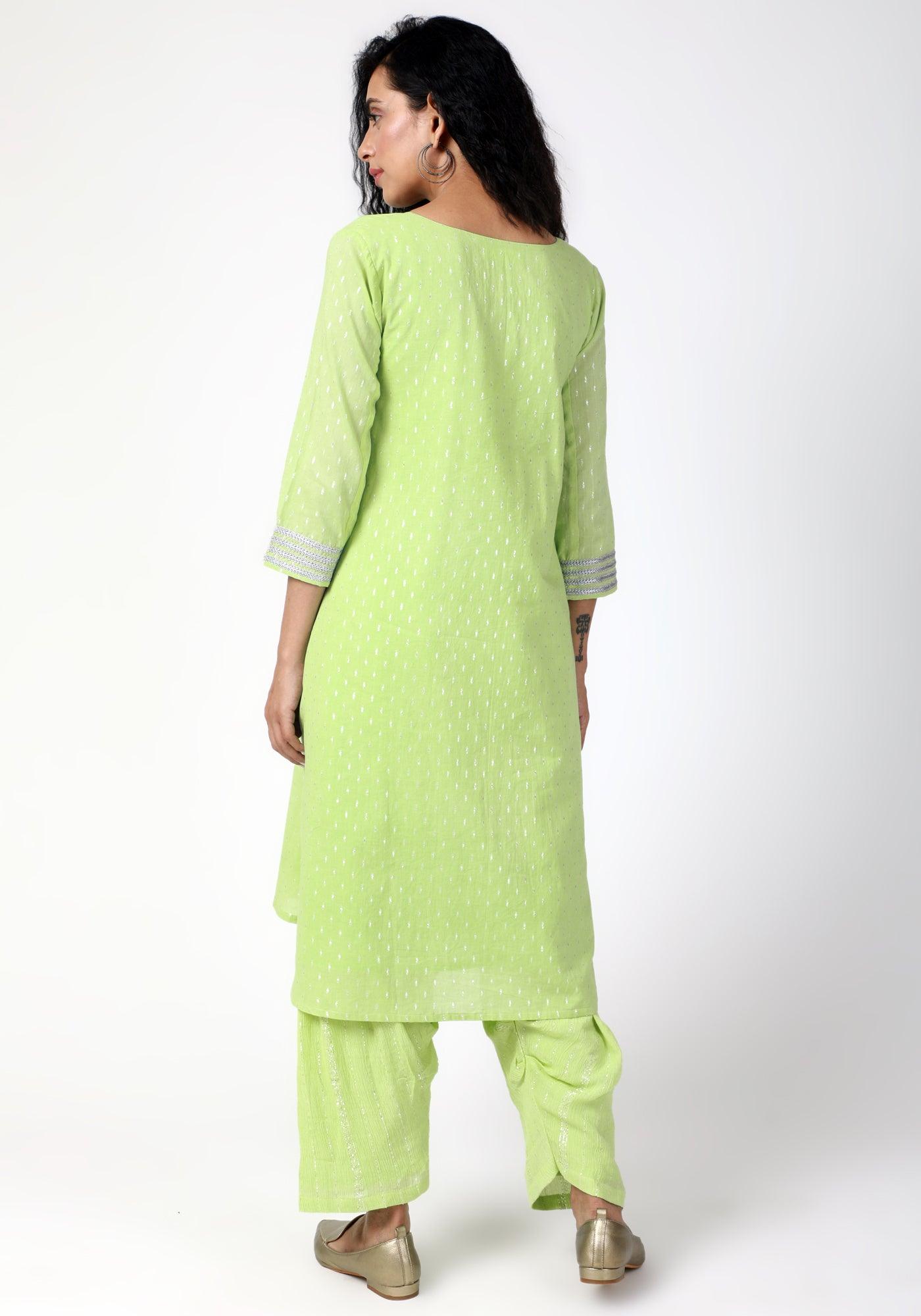 trueBrowns Green Silver Laced Kurta- Ruffled Pant | Grocsy