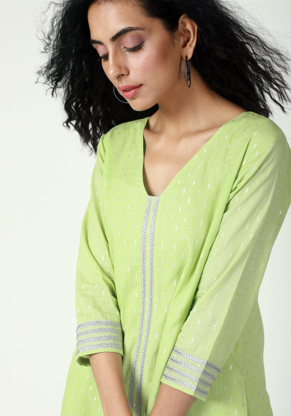 trueBrowns Green Silver Laced Kurta- Ruffled Pant | Grocsy
