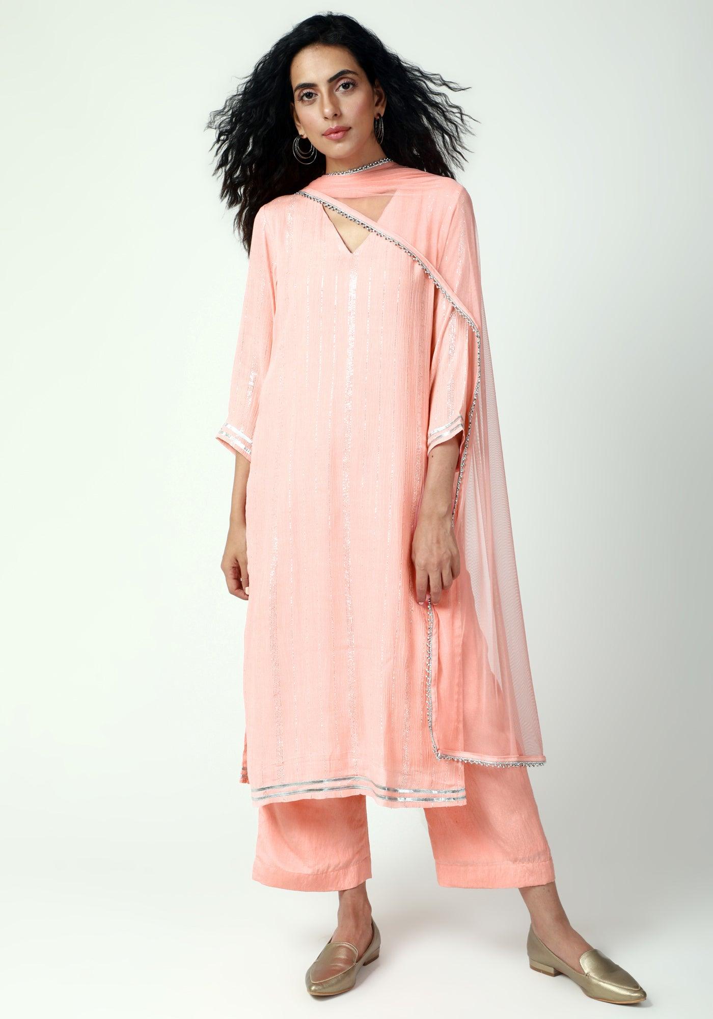 trueBrowns Peach Gota Slit Kurta-Pant-Dupatta | Grocsy