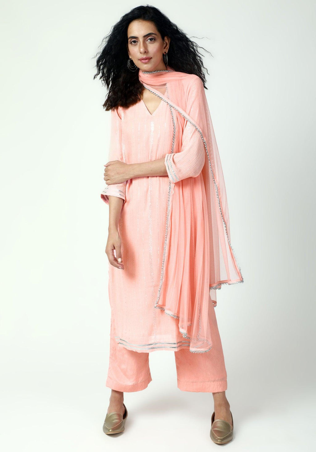 trueBrowns Peach Gota Slit Kurta-Pant-Dupatta | Grocsy