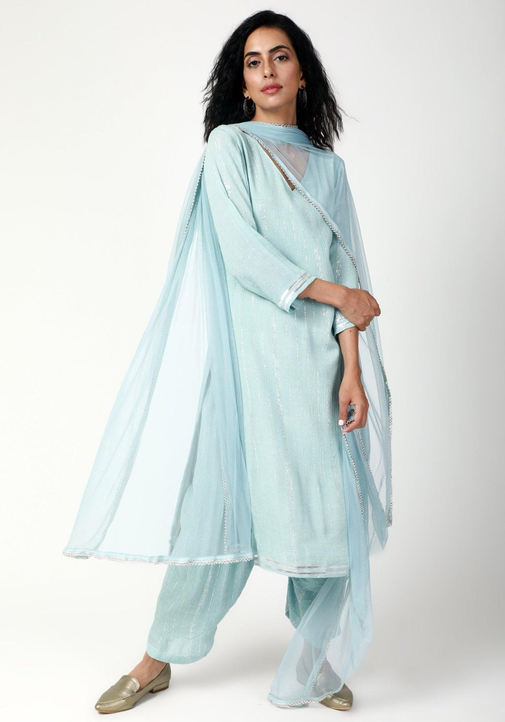 trueBrowns Blue Gota Slit Kurta-Ruffled Pant-Dupatta | Grocsy