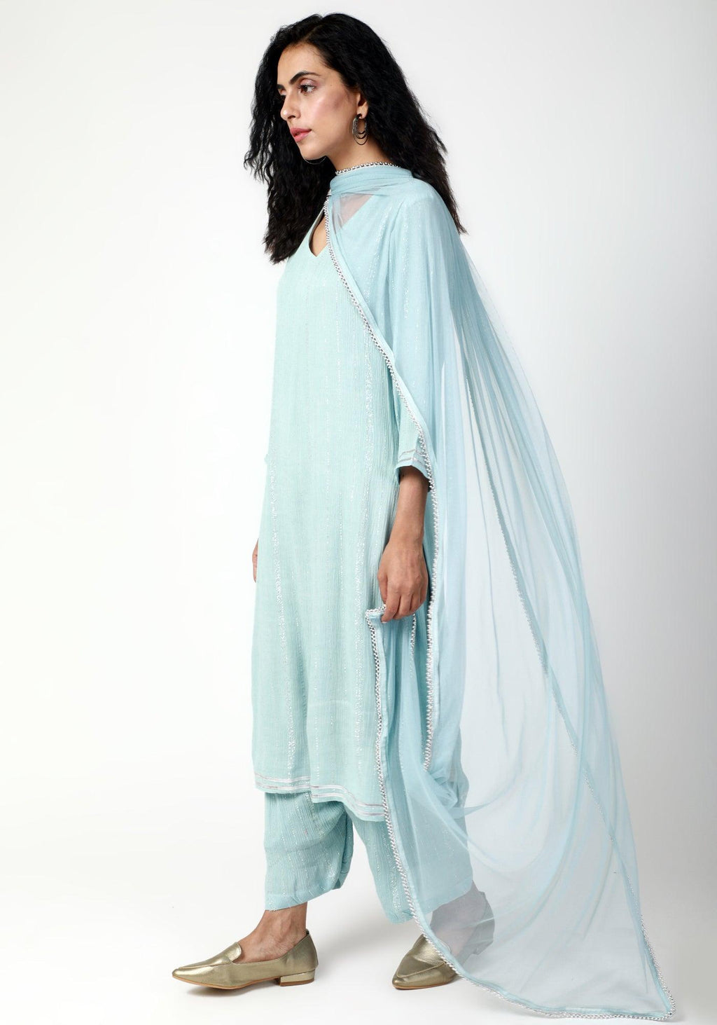 trueBrowns Blue Gota Slit Kurta-Ruffled Pant-Dupatta | Grocsy
