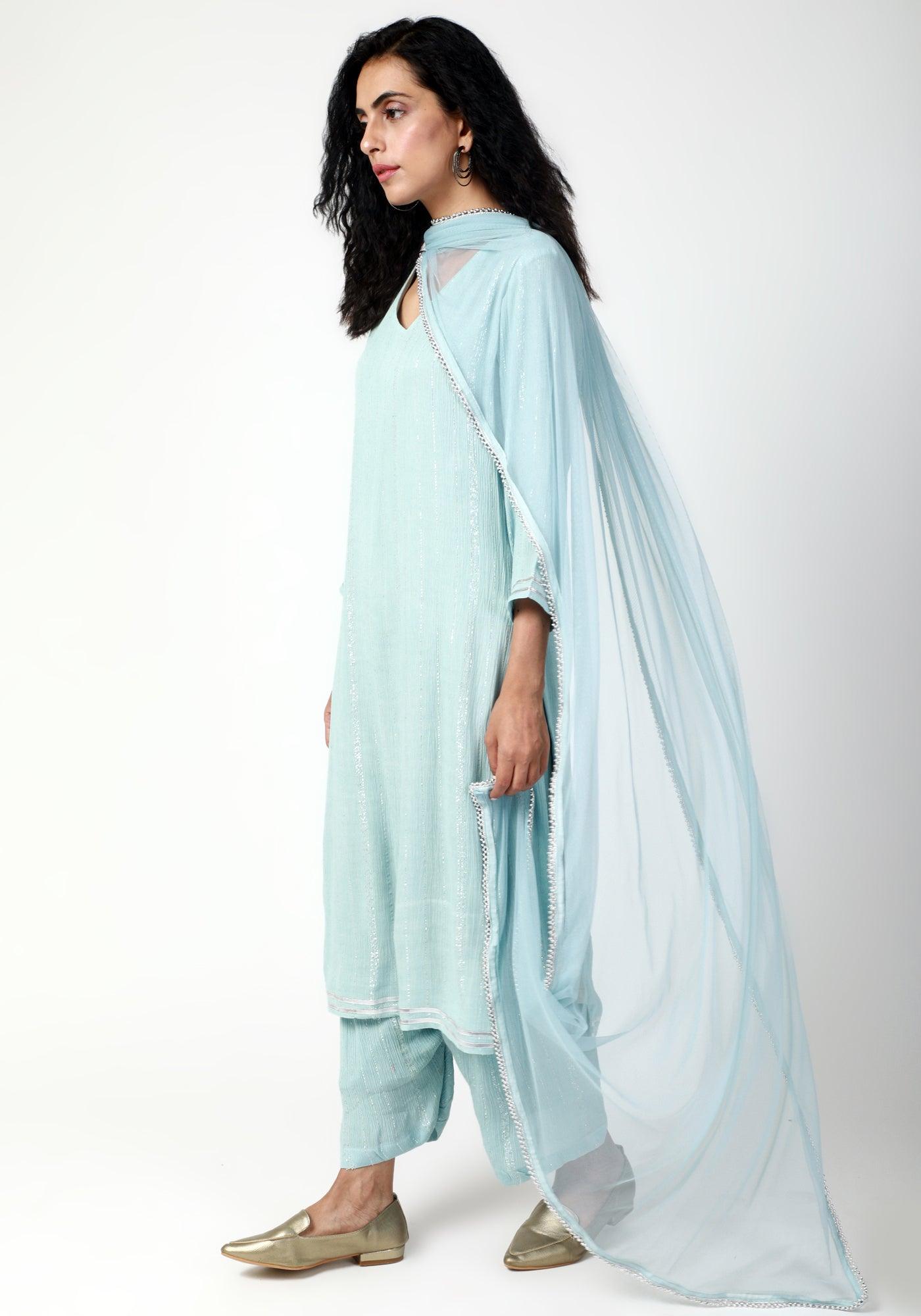 trueBrowns Blue Gota Slit Kurta-Ruffled Pant-Dupatta | Grocsy