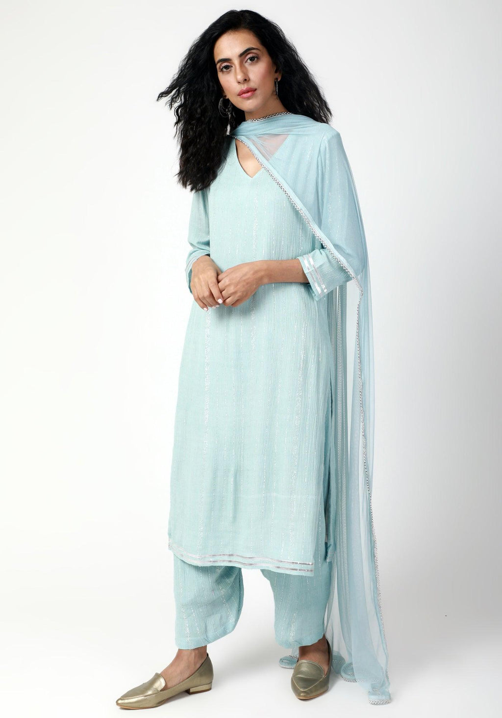 trueBrowns Blue Gota Slit Kurta-Ruffled Pant-Dupatta | Grocsy