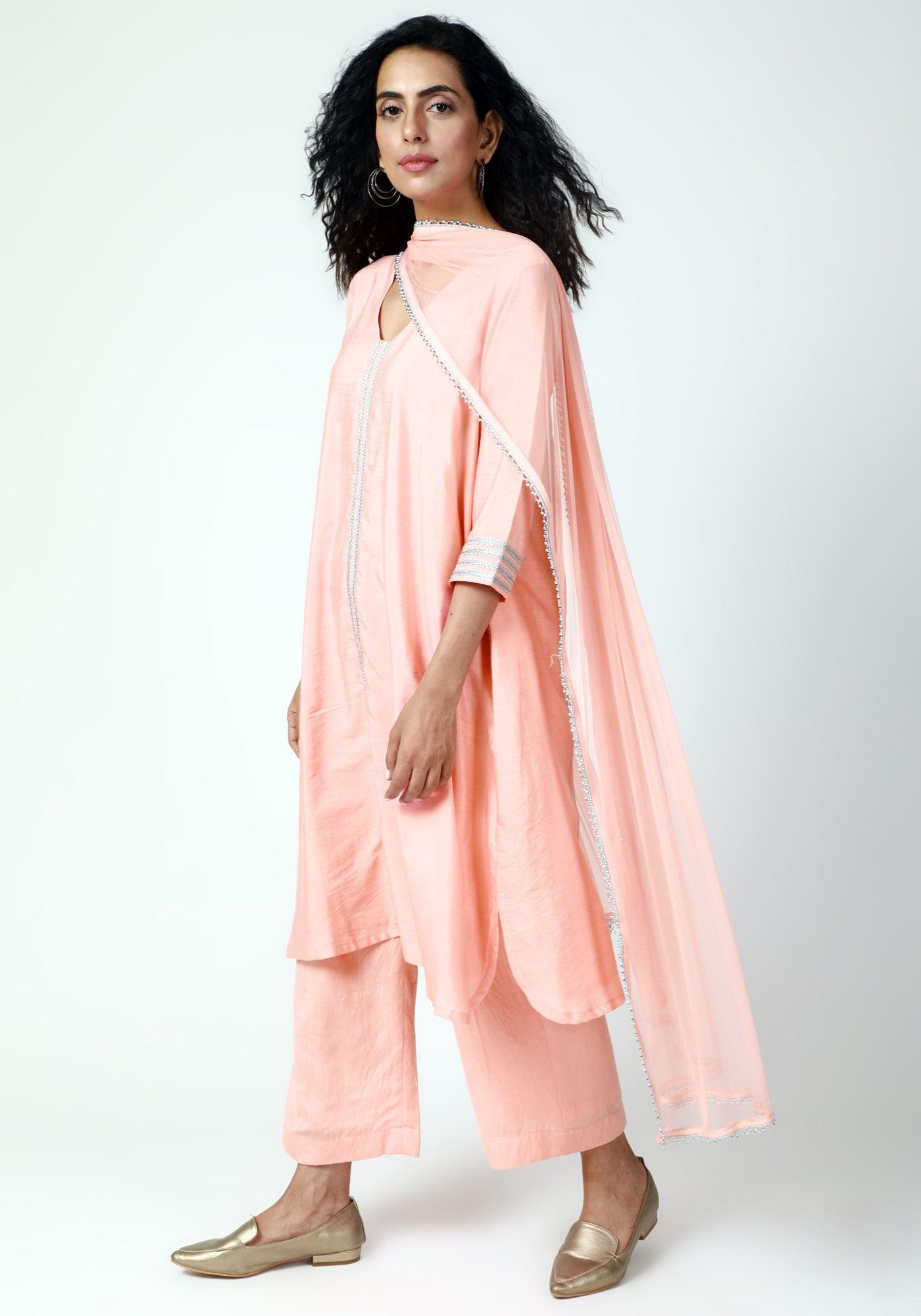 trueBrowns Peach Laced Kurta-Pant-Dupatta | Grocsy