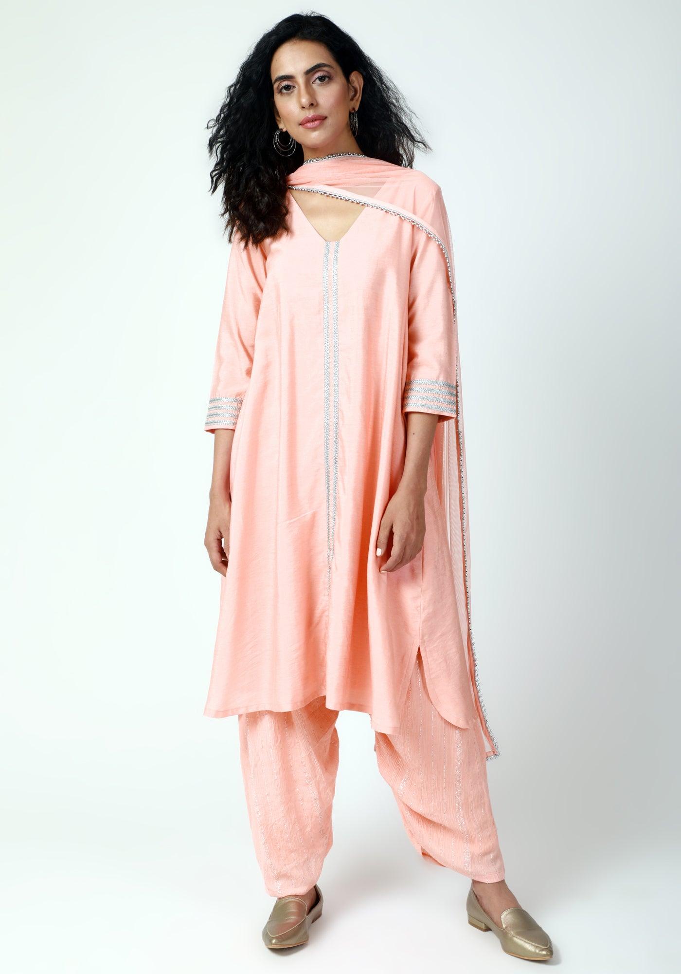 trueBrowns Peach Laced Kurta-Ruffled Pant-Dupatta | Grocsy