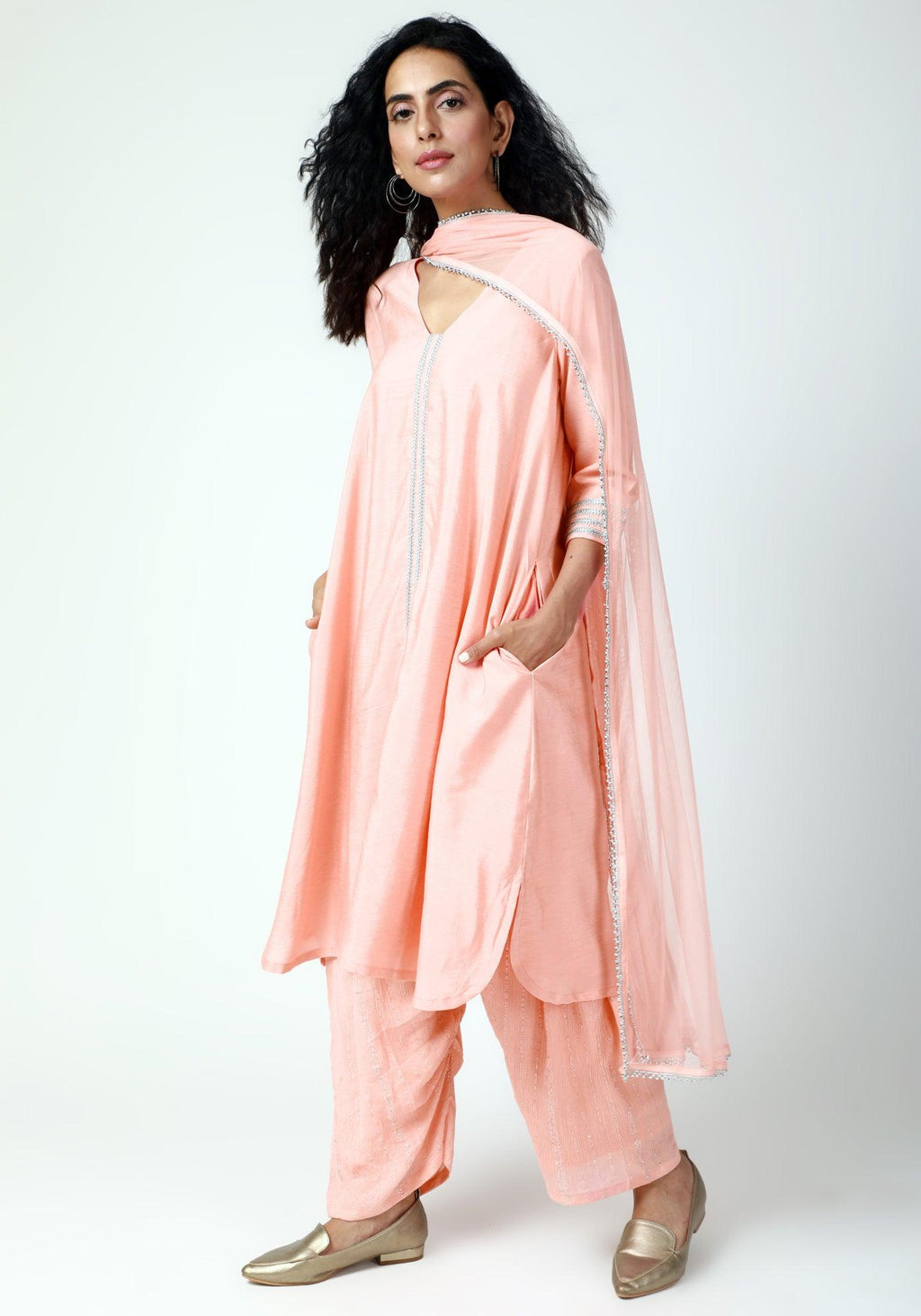 trueBrowns Peach Laced Kurta-Ruffled Pant-Dupatta | Grocsy