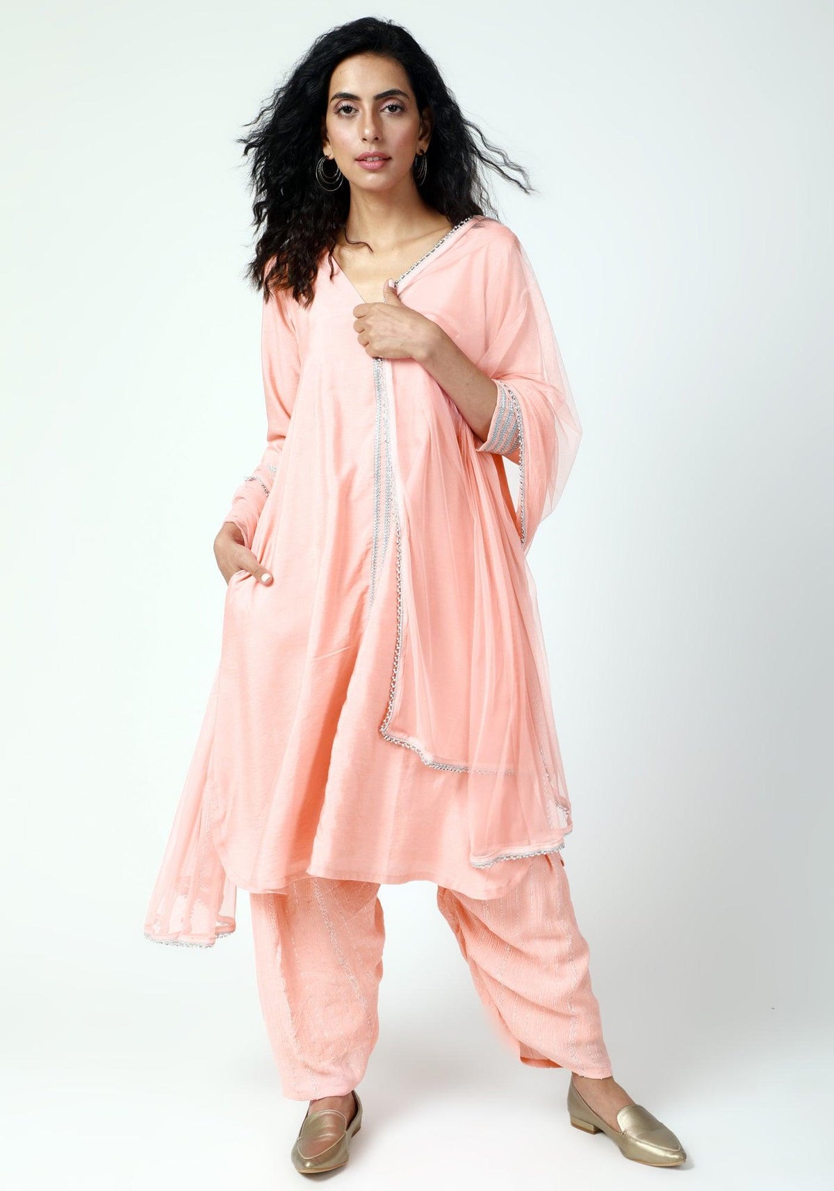 trueBrowns Peach Laced Kurta-Ruffled Pant-Dupatta | Grocsy