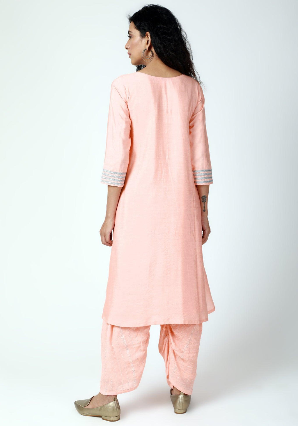 trueBrowns Peach Laced Kurta-Ruffled Pant-Dupatta | Grocsy