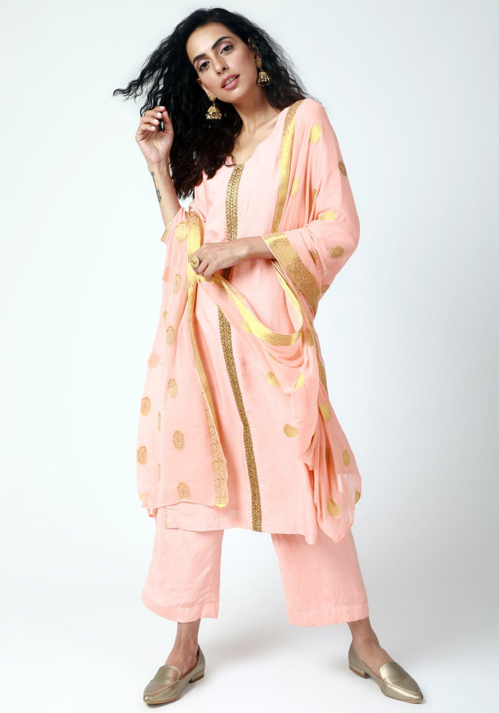 trueBrowns Peach Gota Kurta-Pant-Dupatta | Grocsy