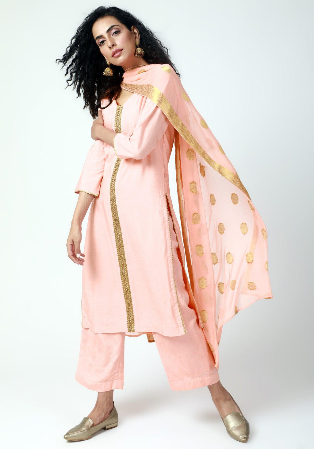 trueBrowns Peach Gota Kurta-Pant-Dupatta | Grocsy