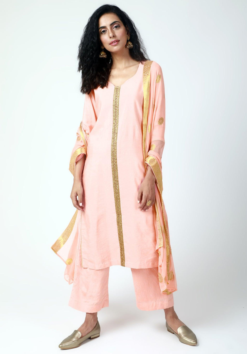 trueBrowns Peach Gota Kurta-Pant-Dupatta | Grocsy